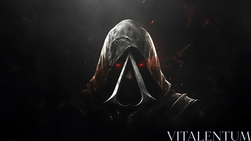 Hooded figure with metal crest and red emissive eyes in darkness