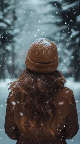 Winter wanderer pauses quietly in a softly falling snowfall