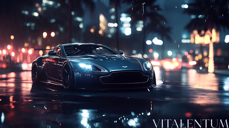 Rain-soaked sports car glides through neon-lit urban boulevard