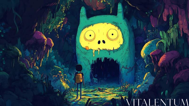 Human figure faces illuminated creature-shaped cave entrance