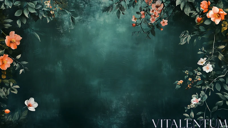 Floral arrangement on teal textured background surface.