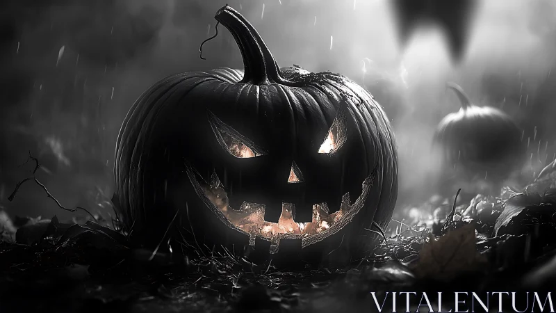 Backlit carved jack-o-lantern under rain with cinematic volumetric fog