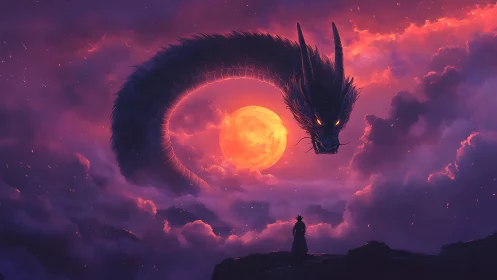 Celestial dragon coils around burning moon above silhouette