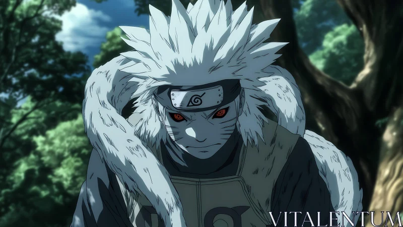 White-haired ninja stands tense in a shadowed forest glade