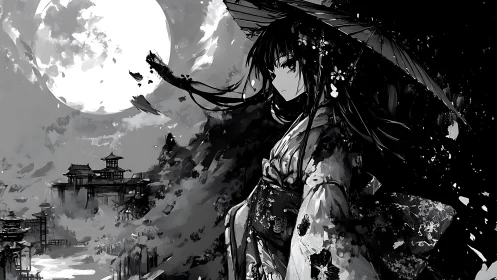 Moonlit kimono girl wandering through ink-washed dreams.