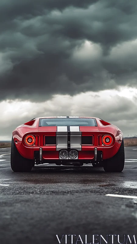 Low-angle rear view captures red racing car under storm clouds