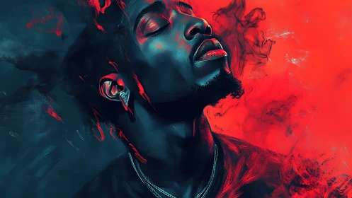 Moody portrait of man in red and teal digital smoke art