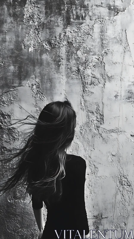 Solitary woman stands against weathered wall in moody wind