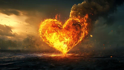 Fiery Heart Explosion Rising Over Dark Waters.