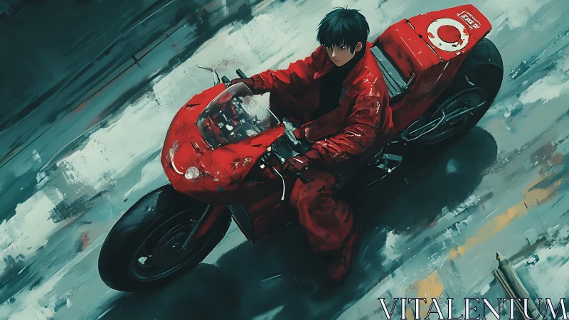 Motorcyclist in red suit rides streamlined red bike at speed