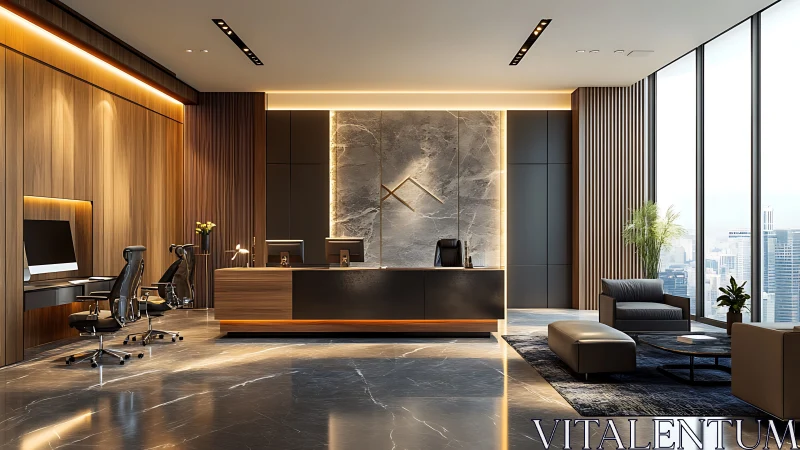 Modern executive office interior with linear luxe detailing.