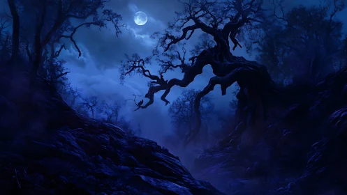 Twisted trees rise over a moonlit, fog-filled forest ravine