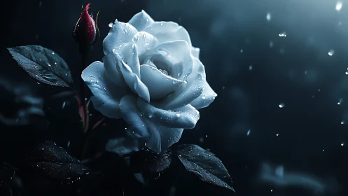 Luminous White Rose Adorned with Dewdrops in Moonlight