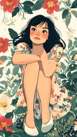 Seated girl illustration in floral dress amid stylized foliage.