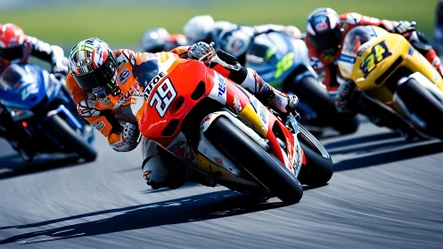 Riders leaning into speed on a sunlit motorcycle racetrack.