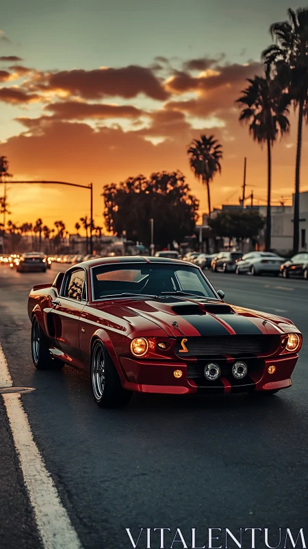 Red classic muscle car drives on city street at sunset