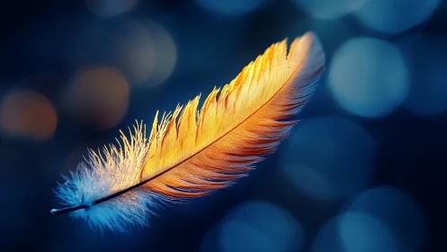 Glowing golden feather drifts softly through deep blue bokeh