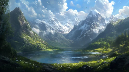 Expansive alpine valley rendered in luminous digital landscape art