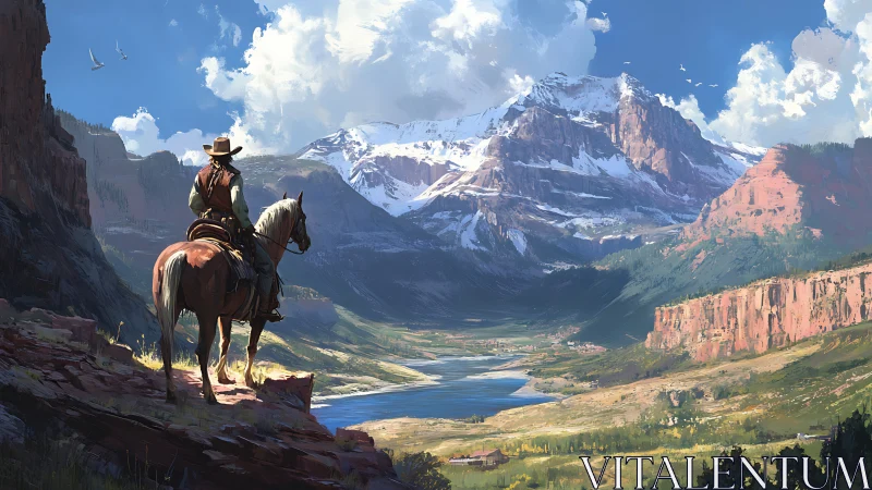 Lone cowboy surveys vast alpine canyon in cinematic digital light