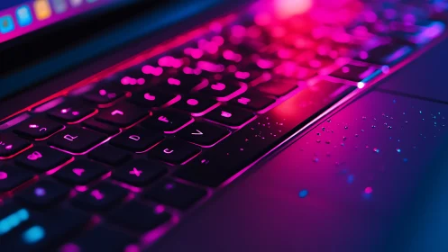 Neon laptop keyboard with glowing dust in cyberpunk light.
