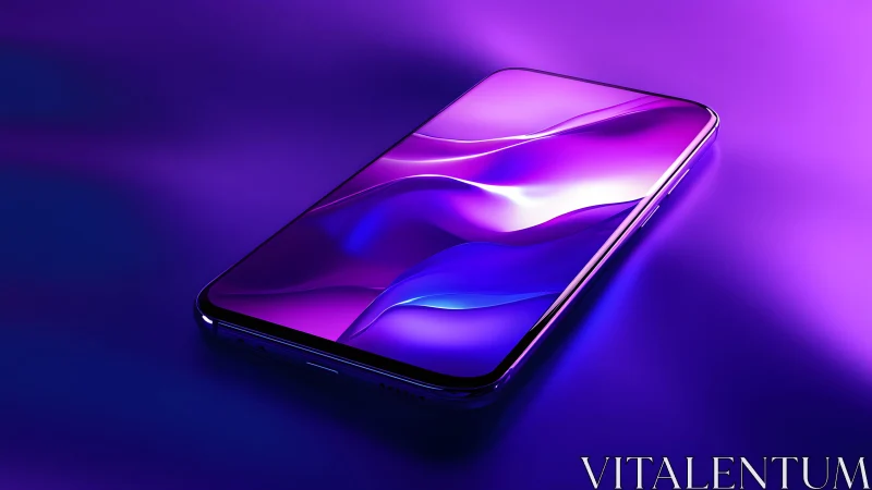Sleek modern smartphone on glowing purple background, digital art.