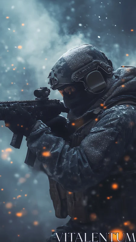 Frostbitten sniper prowls through embers of a steel winter.