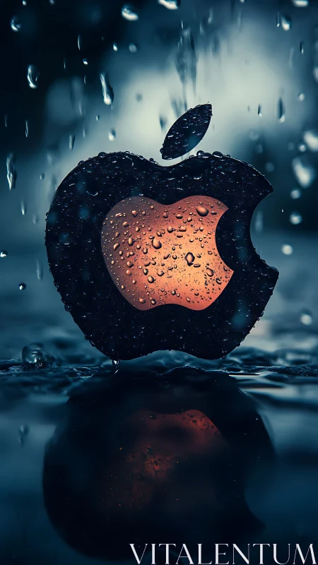 Apple-shaped logo sculpture under rainfall with reflection.