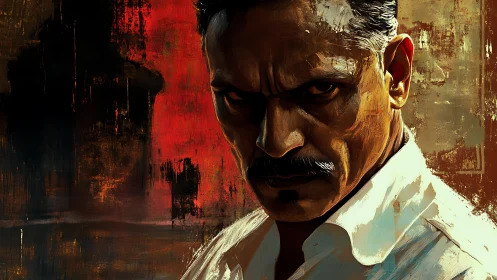 Smoldering stare of stern man against abstract red backdrop.