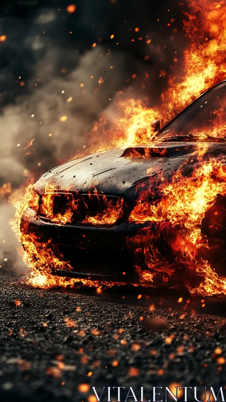 Inferno's Metallic Ballet: Car Consumed by Blazing Destruction