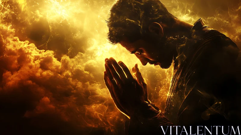 Golden quiet moment of prayer in swirling ethereal light.