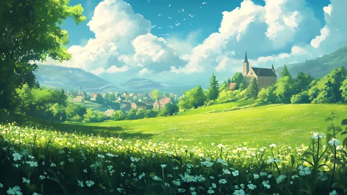 Idyllic village meadow under luminous summer cumulus sky.