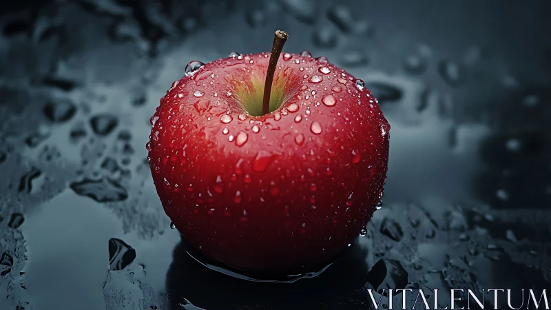 Rain-kissed crimson apple glowing on inky wet steel.
