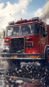 Red fire engine charging through water spray action.