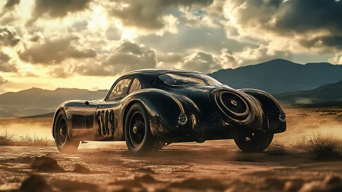 Vintage race car drives on dusty plain at sunset horizon.