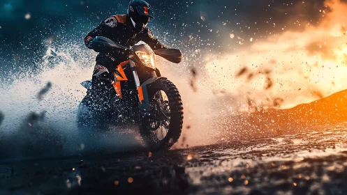 Off-road biker slices through water under a blazing sunset
