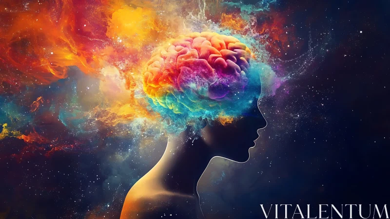 Cosmic silhouette with radiant brain and nebulous energy field.