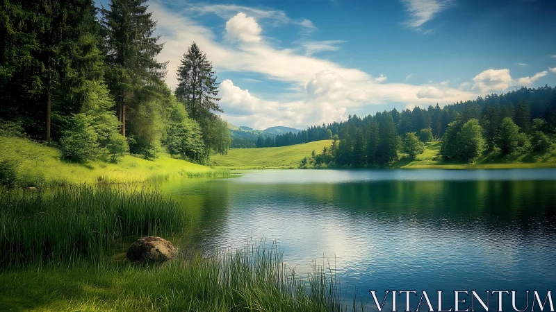 Calm forest lake with trees, grass banks and soft clouds.