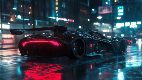 Neon storm racer idles in rain soaked cyber boulevard night.