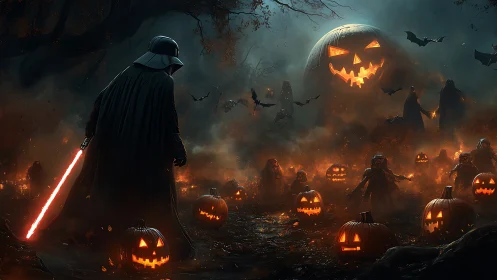 Dark cloaked figure in pumpkin lit Halloween forest scene.