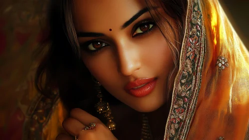 Woman in ornate yellow veil gazes directly at camera