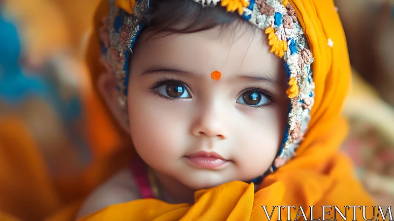 Young Child in Traditional Ceremonial Attire with Gold Headscarf.