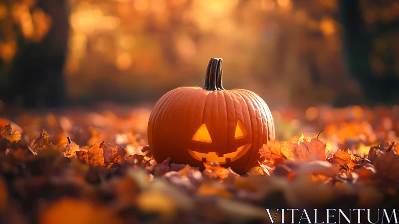 Carved jack o lantern on autumn leaves in soft daylight.