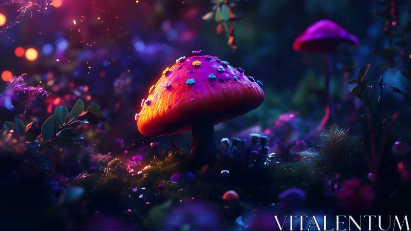 Bioluminescent fungal macro-scene in saturated chromatic dusk.