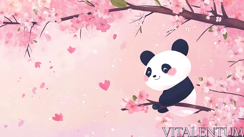 Playful panda resting among drifting cherry blossoms.