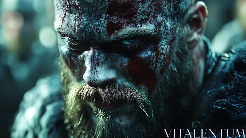 Battle-forged viking gaze burns through frost and blood.