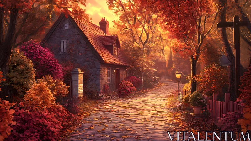 Autumn stone cottage under directional warm backlit foliage glow