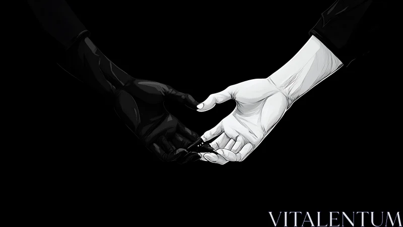 Black and white hands reaching across void in contrast.