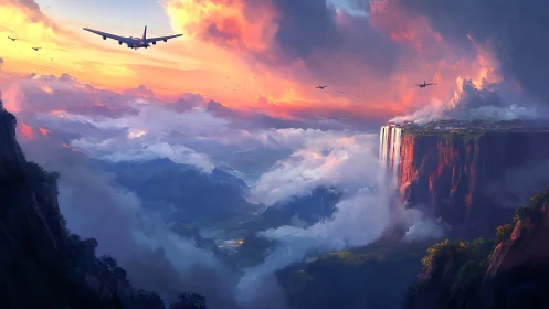 Airplanes glide above glowing cliffs and endless sunset clouds