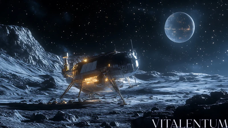 Lunar lander glows on icy moonscape beneath jeweled planet.