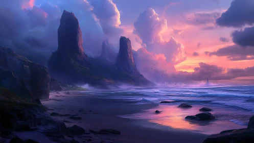 Luminescent coastal cliffs under cinematic fantasy sunset glow.